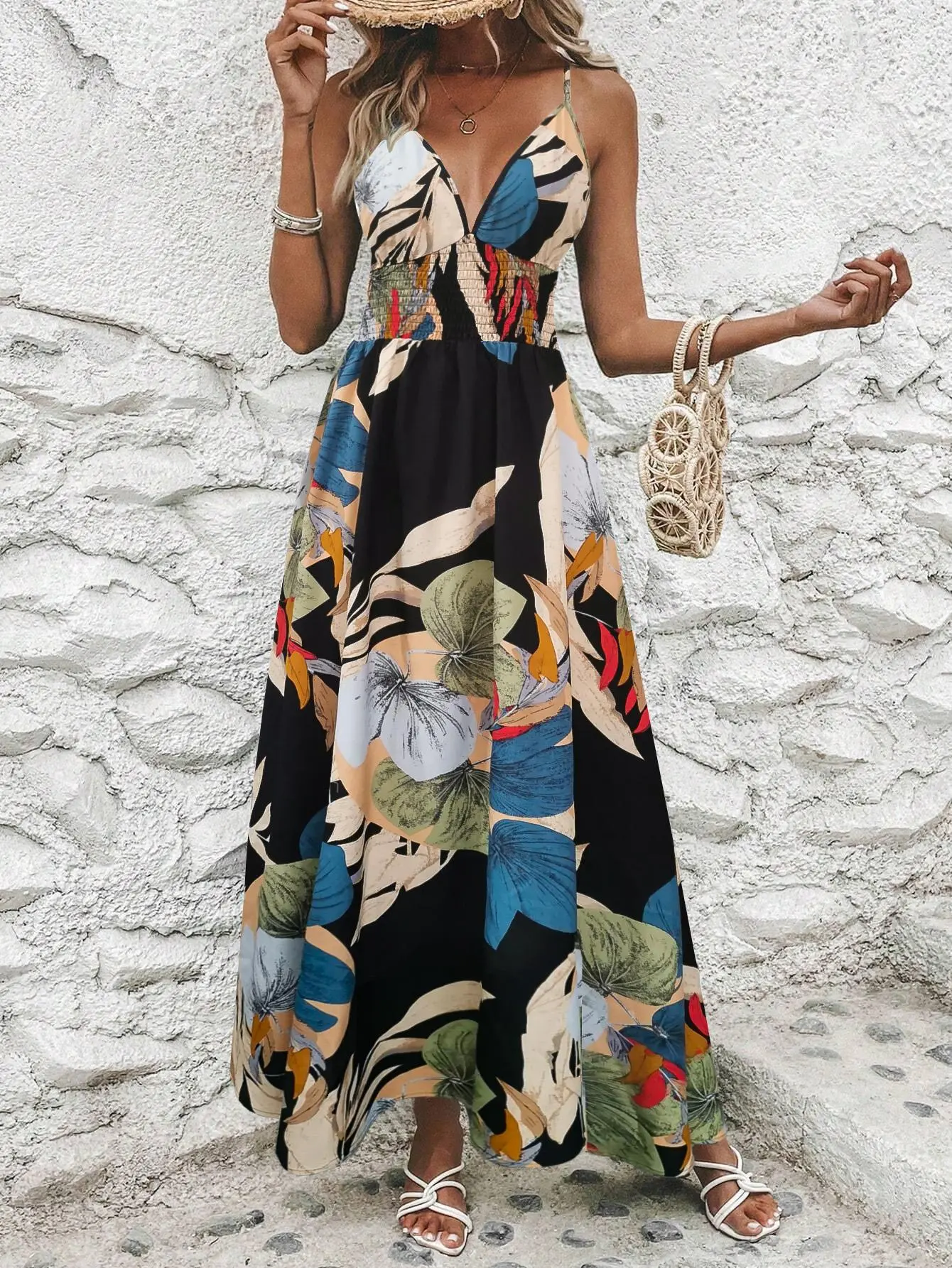 Women's Spaghetti Strap Tropical Leaf Print Smocked Bohemian V-Neck Maxi Dress - Adjustable Straps, Backless Casual Lightweight Summer Swim Cover Up for Beach Casual Wear, Style, Fabric