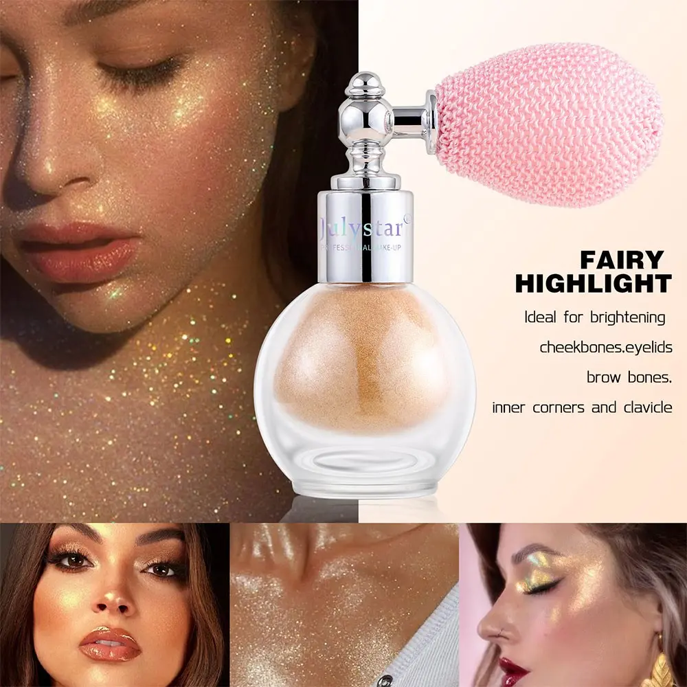 Julystar Body Highlighter Powder, Glowy Highlighter, Glitter Finish, Portable Makeup Cosmetic, Natural Glow, Party & Beach Use, Six Colors Available