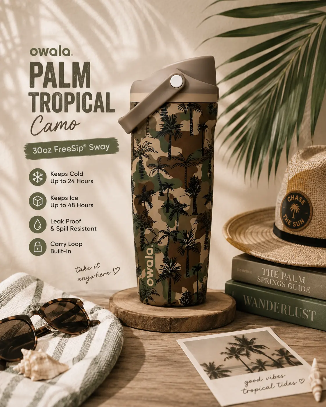 Owala Palm Tropical Camo 30oz Freesip Sway Vacuum Flask - Stylish Portable Water Bottle
