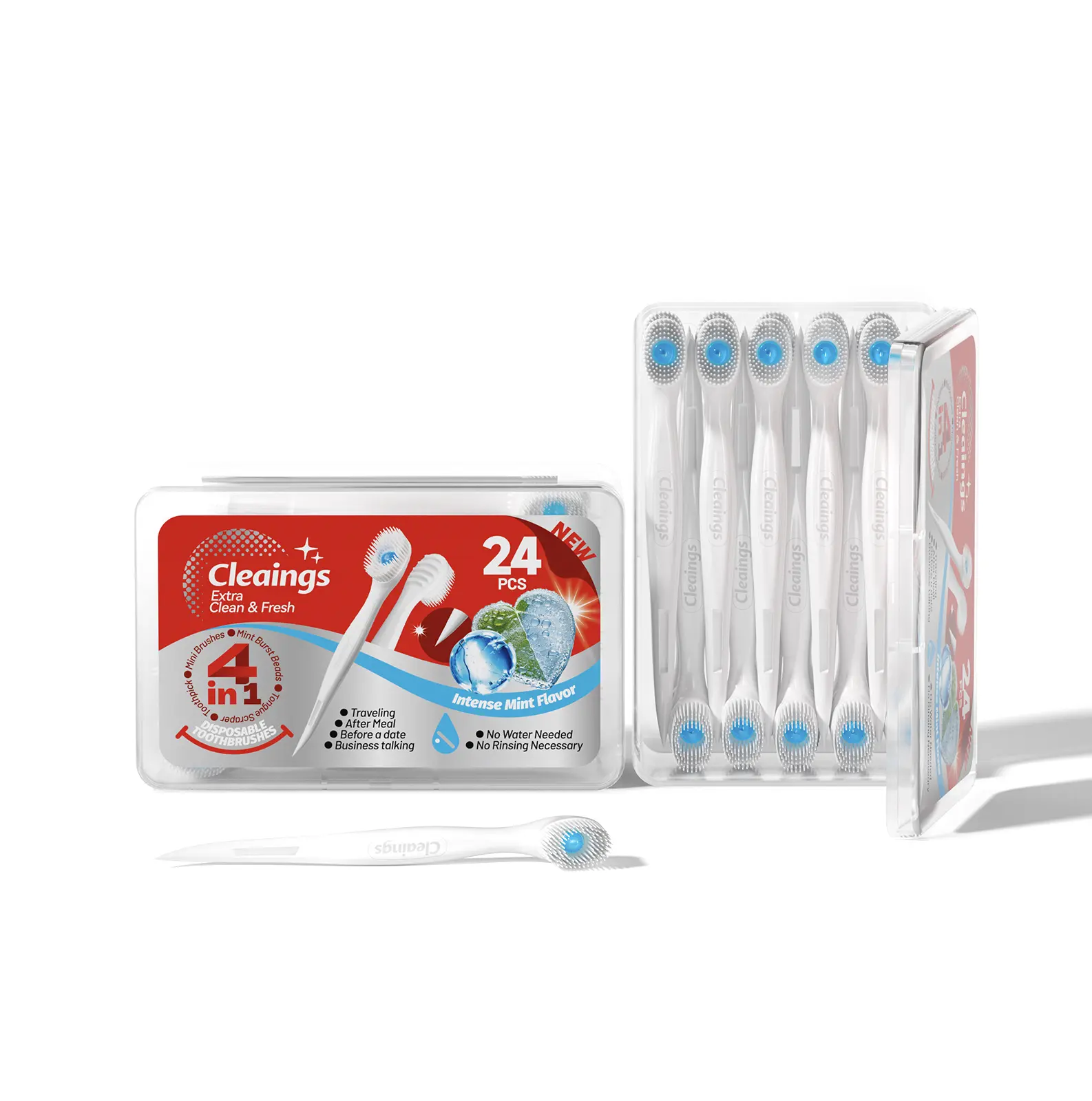 Cleaings 4-in-1 Portable Travel Toothbrush Kit, Mint Burst Bead Disposable Soft Toothbrush with Tongue Scraper & Toothpick, 24 Count Oral Care for Trip Business