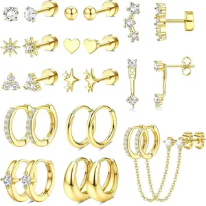 Flat back earrings, hypoallergenic surgical steel earrings, women's fashionable cartilage chain hoop earrings, star heart CZ flat back earrings, multi perforated earring set