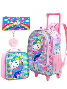 3PCS Rolling Backpack for Girls, Roller Wheels Kids Bookbag - Wheeled Suitcase Elementary Sequin School Bag，with a fluffy ball pendant included - Unicorn