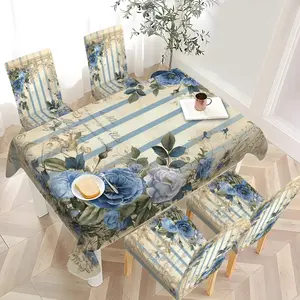 2/4/6/5/7 pieces of fashionable and high-end chair cover and tablecloth sets, thickened chair cover and tablecloth sets (1 tablecloth + 4 chair covers or 1 tablecloth + 6 chair covers), easy to care for, reusable, for home decoration