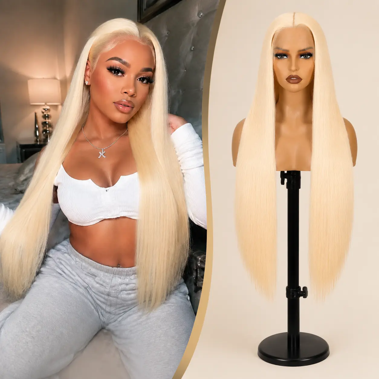SummerVibes 613 Wig 13X6 HD Transparent Lace Front Wig Wear And Go Pre Plucked Long Straight Synthetic Wig 200% Density Straight Hair Natural Hairline With Tiny Knots Natural  High Definition Wig For Black Women 30 Inch White Blonde Wig Date Gift 76cm
