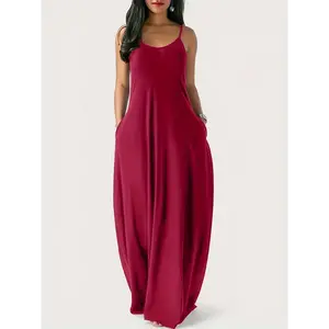 Plus Size Basic Dress, Women's Plus Plain Deep V Neck Medium Stretch Cami Maxi Dress With Pockets Fit Summer Casual Red Fabric Womenswear Polyester