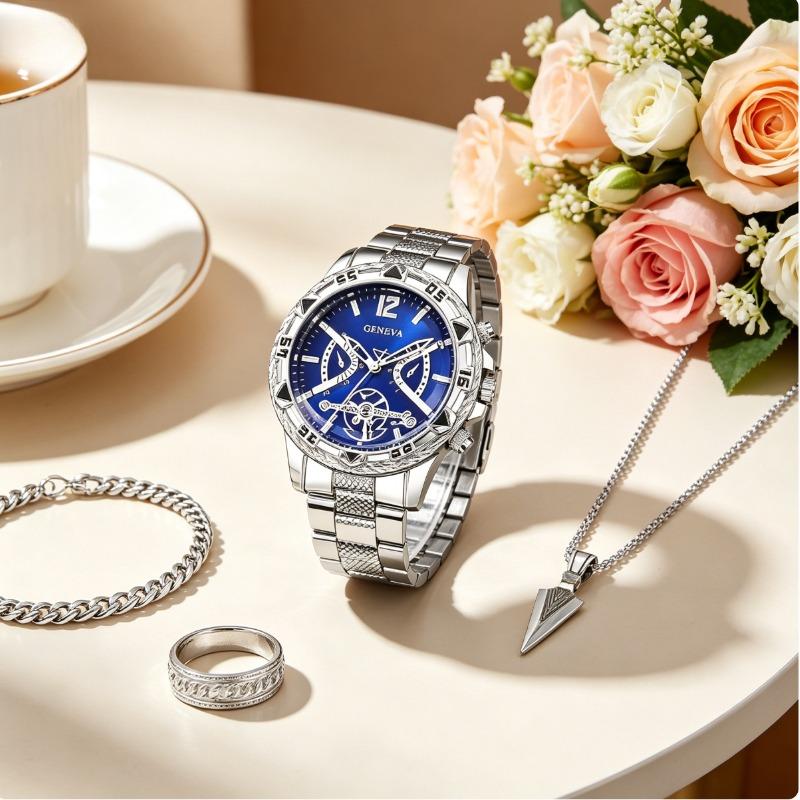 Viral 4-Piece Men’s Silver Kit | Blue Dial Watch + Cuban Bracelet & Ring