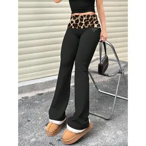 Leopard Print Patchwork Leggings Women's Casual Solid Color Wide-Waist Flare Pants, Fold-Over Waist High Waist Ruched Slim Fit