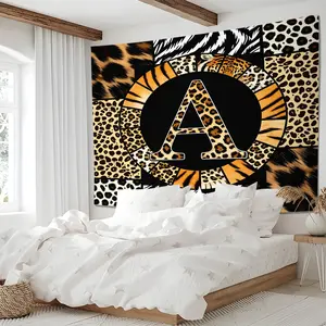 Leopard Print Letter A-Z Tapestry Wall Hanging, Wild Animal Skin Tapestries, Monogram Wall Blanket, Black Boho Backdrop Decor for Bedroom Living Room, Aesthetic Home Wall Art Gift, Gift For Women Man