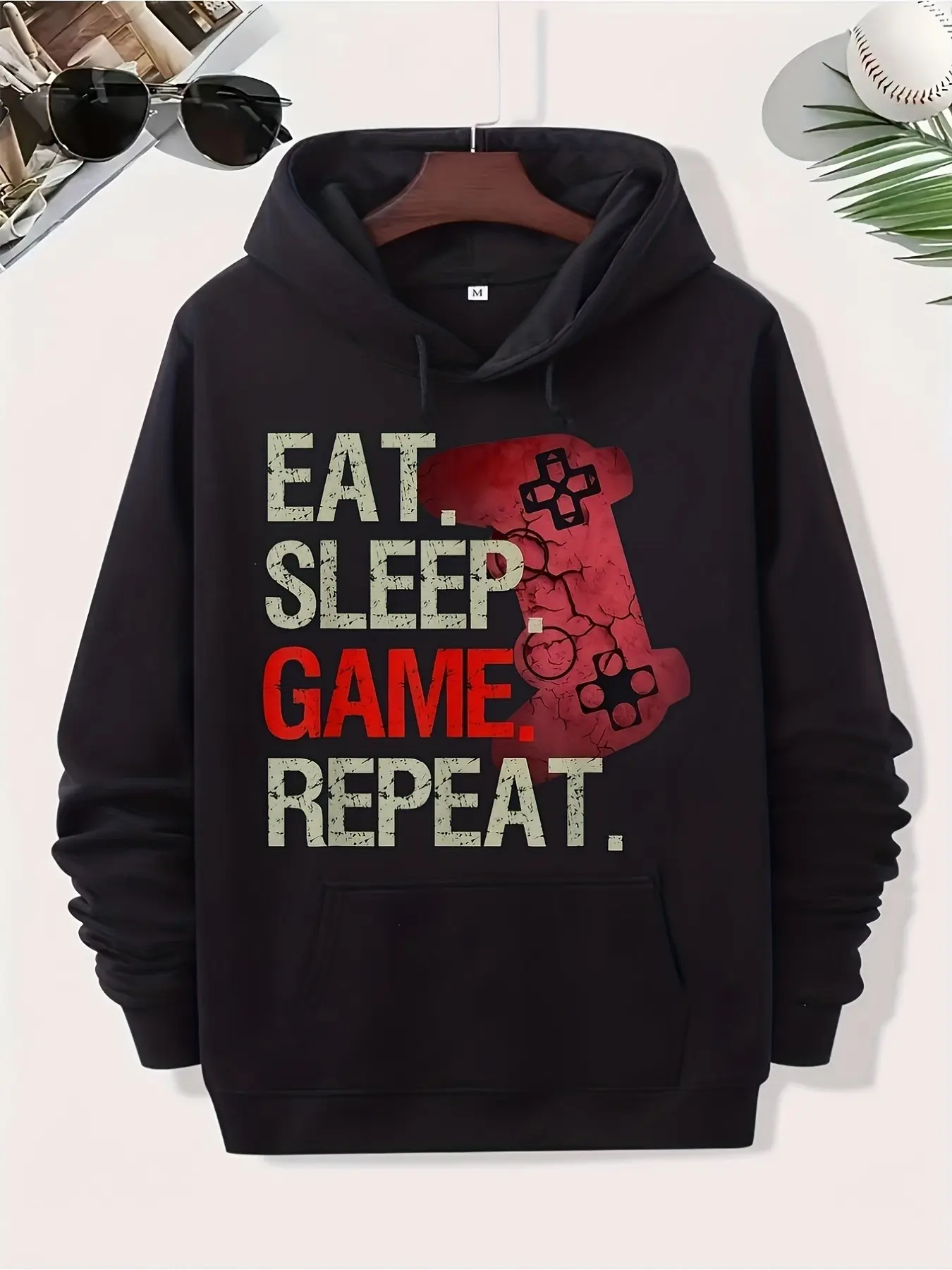 Men's Gamer Hoodie with Eat Sleep Game Repeat Gaming Controller Graphic - BlackRed Text Loose-Fit Fleece Pullover, Hooded Sweatshirt with Front Pocket -  Polyester Gaming Apparel for Casual Wear  Gamer Couple Matching
