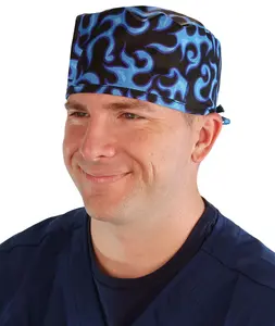 Classic Surgical Scrub Cap - Blue Liquid Flames on Black
