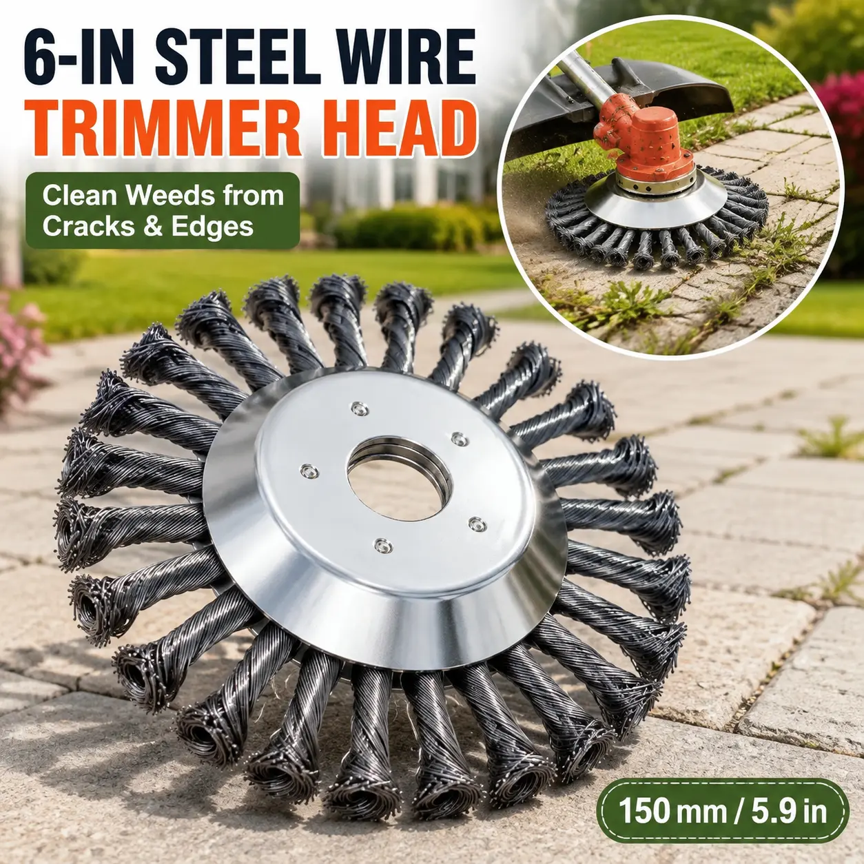 6-Inch (150mm) Twisted Steel Wire Trimmer Head, String Trimmer Replacement Wheel for Precision Trim, Weed Removal, Driveway Surfaces, Moss & Light Surface Rust, Garden Edges (1Pc)