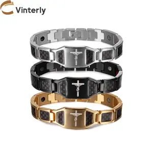Jesus Magnetic Bracelet Homme Black Carbon Fibre Luxury Stainless Steel 21CM