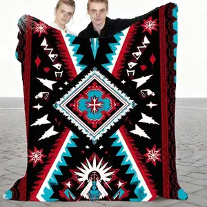 Large Native American Tribal Blanket Throw Suitable for Home Decor - Traditional Southwestern Bedspread with Bold Diamond Star Pattern, Turquoise Accent Bedspread, Red Black White Design for Couch, Bed, Festival Events, Cultural Display