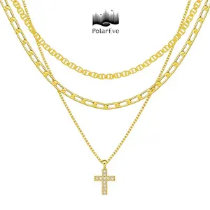 3-Pack Gold Layering Cross Necklace Set for Women, Stackable Paperclip & Flat Chain Design with CZ Diamond Pendant, Simple Elegant Jewelry Gift