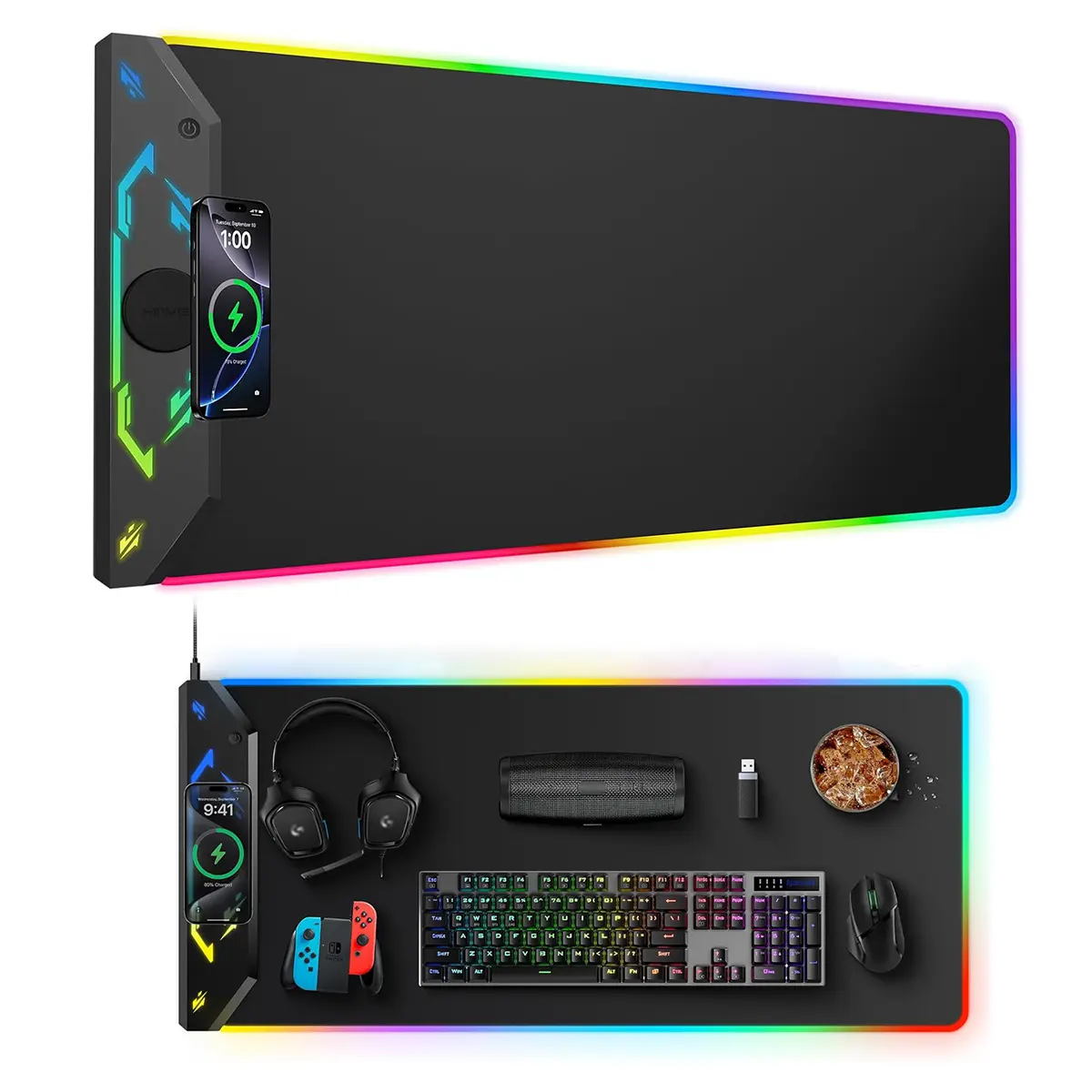 HIWE RGB Gaming Mouse Pad - 15W Magnetic Wireless Charging, 35x15.8in Rectangular Extra Large Rubber Desk Mat, 24 RGB Lights, Non-Slip Base, Waterproof, USB-C Compatible with 18W Adapter, Gamer Desk Accessory