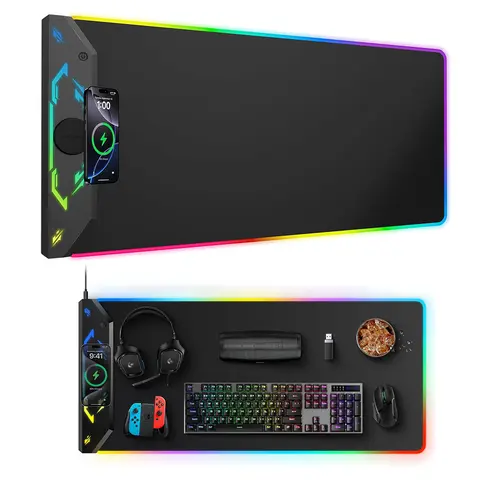 HIWE RGB Gaming Mouse Pad - 15W Magnetic Wireless Charging, 35x15.8in Rectangular Extra Large Rubber Desk Mat, 24 RGB Lights, Non-Slip Base, Waterproof, USB-C Compatible with 18W Adapter, Gamer Desk Accessory