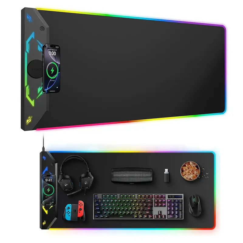 HIWE RGB Gaming Mouse Pad - 15W Magnetic Wireless Charging, 35x15.8in Rectangular Extra Large Rubber Desk Mat, 24 RGB Lights, Non-Slip Base, Waterproof, USB-C Compatible with 18W Adapter, Gamer Desk Accessory