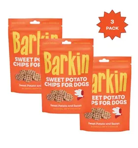 Barkin ALL NATURAL BACON JERKY - SWEET POTATO CHIPS for DOGS w/ BACON Grain-Free Slowly Roasted Protein-Packed Treats 3 Pack Made in USA