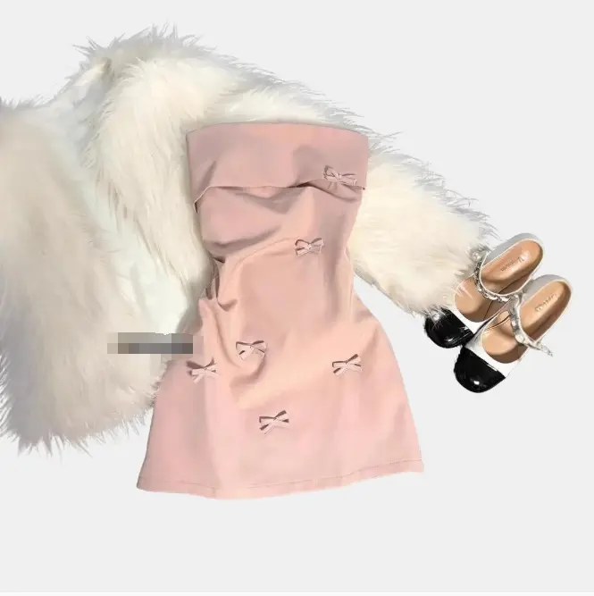 2025 Korean Style Pink 3D Bow Bustier Dress Coquette Aesthetic Waist Defining Mini Skirt Casual Womenswear