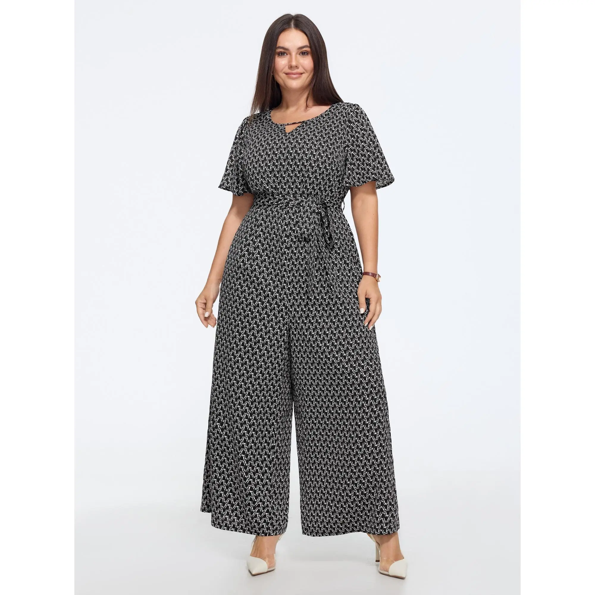 BLOOMCHIC Plus Size Geometric Print Waist Tie Wide Leg Jumpsuit[M-6X] 2026 Summerfinds
