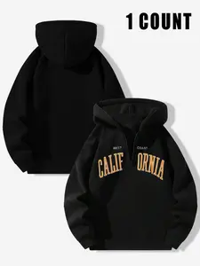 Men's Plain/letter Print Drop Shoulder Zipper Graphic Hoodie, Regular Fit Stretchy Casual Long Sleeve Hooded Sweatshirt for Spring & Fall, Fashion Men's Clothes for Daily Wear, Longsleeves