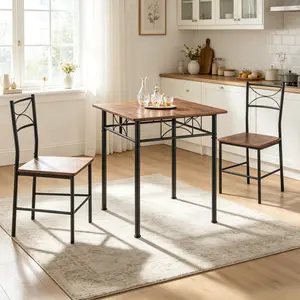 3 Piece Dining Table Set for 2, Small Space-Saving Kitchen Table and Chairs Set, Brown Wood Dining Table and Chairs,Sturdy Industrial Dining Set with Wood Top & Steel Frame for Apartment,Dining Room,Home Office