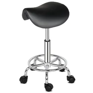 CalidoCasa Ergonomic Saddle Stool with Rolling Wheels, Adjustable Height Ha-Ha Feet Barber Chair for Salon, Spa, Tattoo, Office – 360° Swivel PU Leather Technician Seat, 330lb Capacity