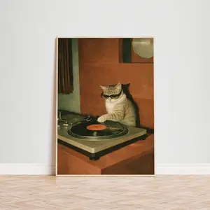 [No Frame] DJ Cat Vinyl Poster – Retro Turntable Music Wall Art