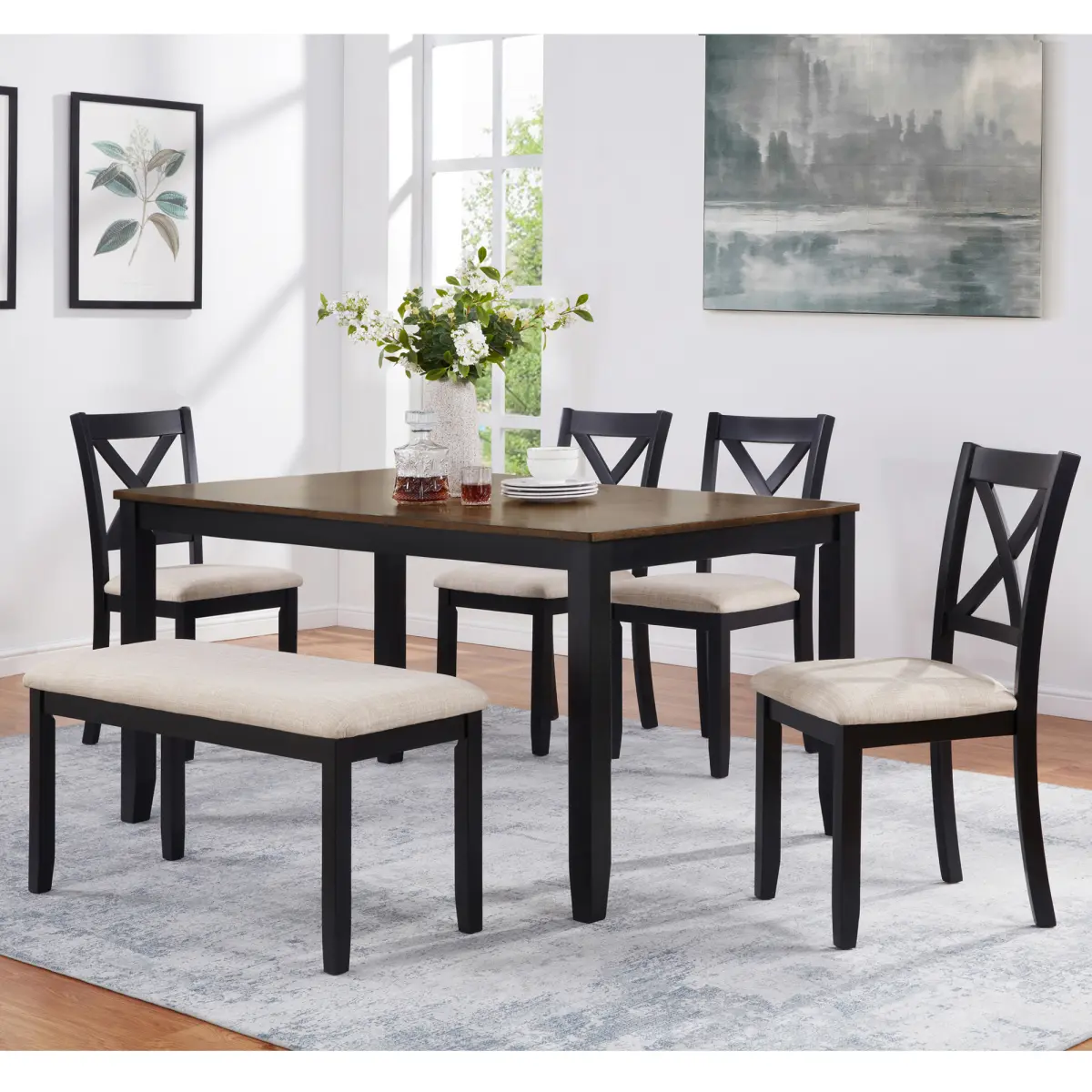 6-Piece Dining Table Set with Bench, Classic Wooden Dining Table Set for 6, Timeless Farmhouse 6-Person Dining Table Set for Dining room, Kitchen, Black & Oak  two tone, Dining Chairs