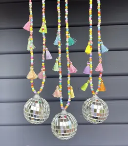 Disco ball charm with mini tassels and beads, rearview mirror charm, car decoration, groovy car ccessories
