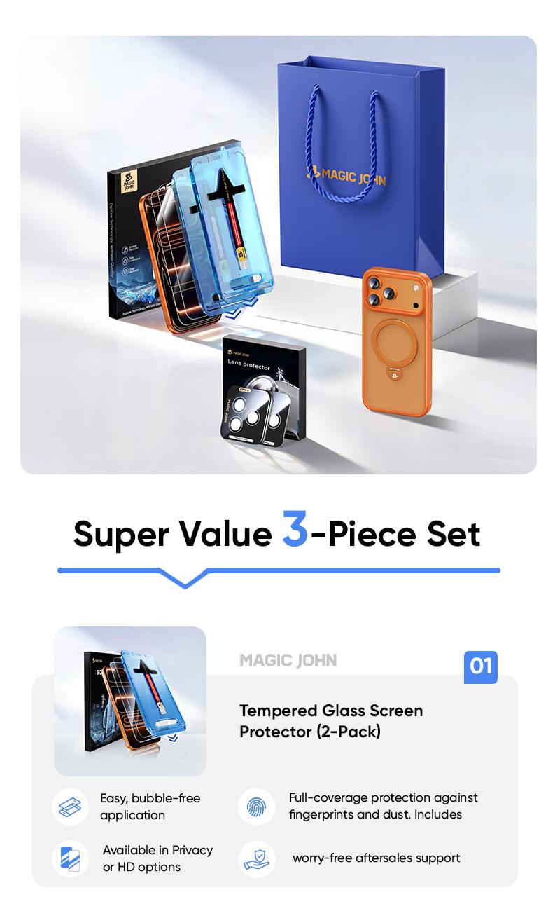 MAGICJOHN Digital Value Bundle for iPhone17/16/15Pro&Pro Max Includes HD or Privacy Tempered Glass Screen Protector, Camera Lens Protector, 360° Rotating Magnetic Stand Phone Case, 45W Super Fast Charger, and 65W USB-C 4-in-1 Charging Cable