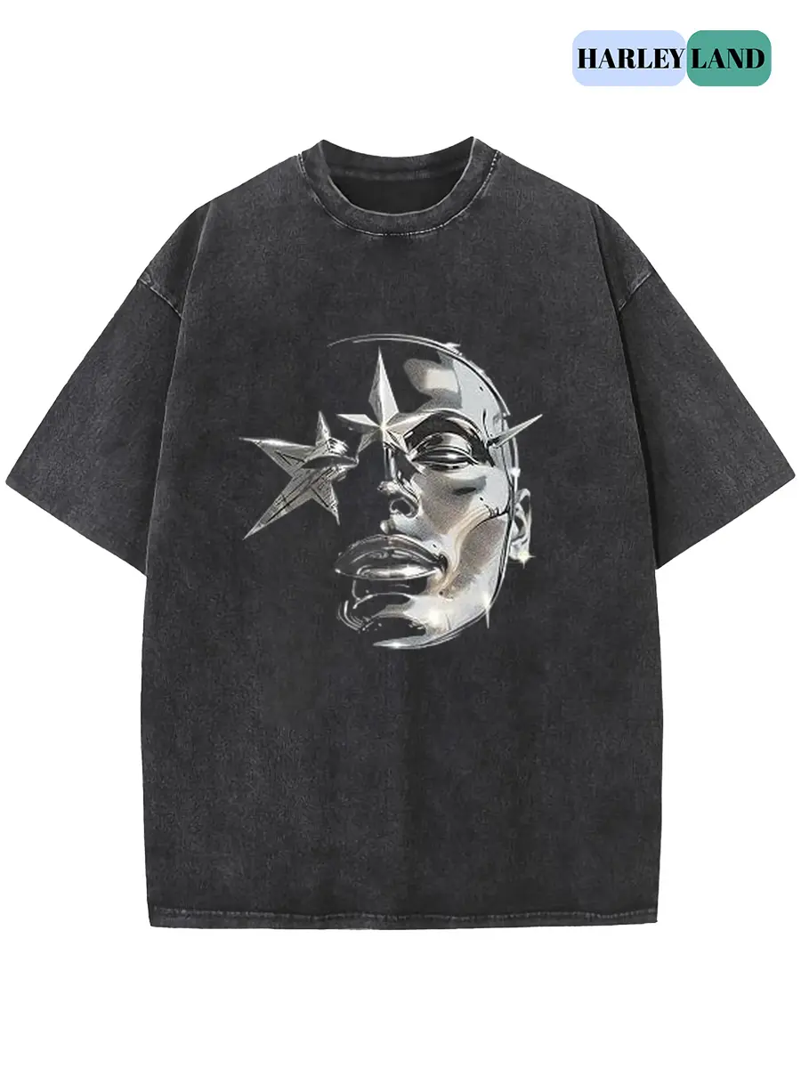 HarleyLand 100% Cotton Star & Metallic Face Womens Acid Washed T‑Shirt Retro Abstract Graphic Printed Unisex Fashion Tees Summervibes Casual Top 2026 New Color