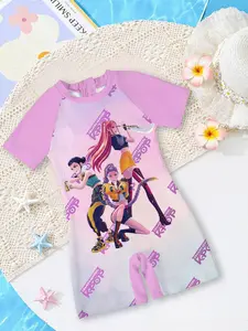 Girls' one-piece swimsuit "K-POP Girl Group Summer New Style" with a pink and white gradient base color + girl group anime prints, is both unique and eye-catching, instantly creating a full-on street photo shoot / poolside showstopper vibe!