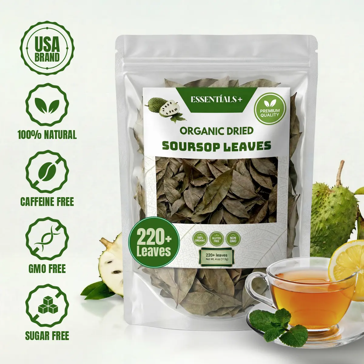 ESSENTIALS+ Premium Soursop Loose Leaf Herbal Tea - 4 oz (230+ Leaves) - Natural Herbal Drink Rich in Antioxidants for Wellness, Digestive Support