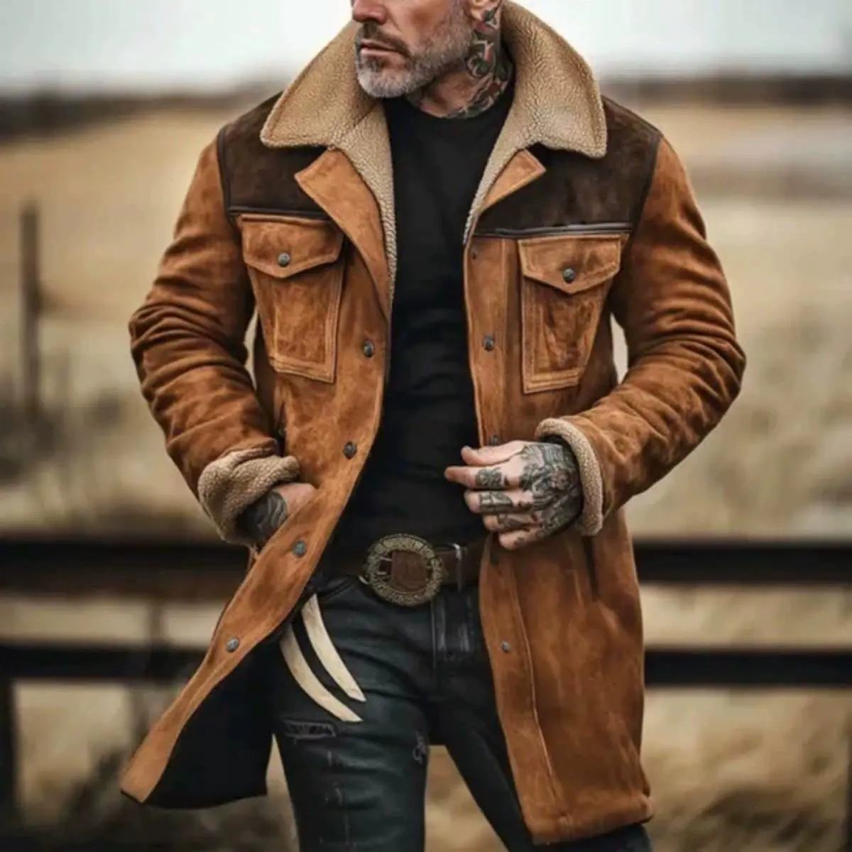 Men's Retro Colorblock Suede Single-Breasted Straight Long-Sleeve Lapel Mid-Length Winter Outdoor Coat - Flap Pockets, Hem, Polyester Fabric, Menswear Tops, Coats