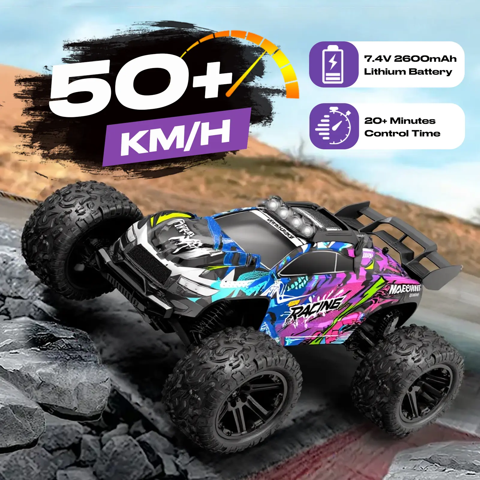 1:8 High Scale All Terrain RC Cars, 50KM/H RC550 Motor High Speed Off-road Truck, 2.4GHz Full Proportional Control, All Terrain Off Road RC Truck With Upgraded LED Lights, Racing Vehicle For Adults Boys