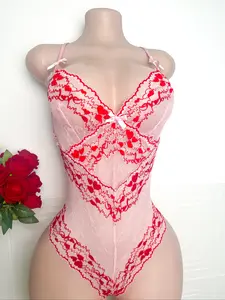 Women's Lace Mesh Bodysuit Lingerie with Heart Embroidery, Sexy Cute Homewear, Fitted Style, All Seasons, Handmade