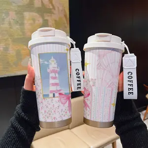 530ML Insulated Tumbler, Boho Style, 316 Stainless Steel, Cute Lighthouse Pattern, Travel Cup with Straw and Strap, Perfect Gift