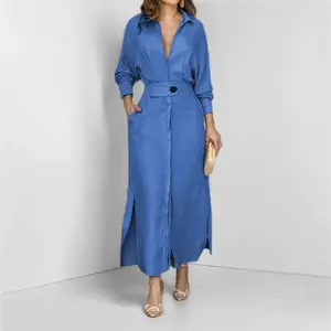 Women's 2-Piece Linen Elegance Outfit - Long Sleeve Fitted V-Neck Blue Shirt Top, Belted High-Slit Maxi Skirt, Minimalist Comfortable All-Seasons Clothes Set for Casual & Formal Occasions