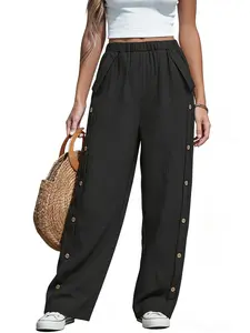 Fashion Curve Plus Size Beige Button-Accent Cropped Pants, Womenswear Casual Basic Solid Loose-Fit Elastic Waist Trousers, Trendy Summer Street Style Outfit, Vacation Beach Bottoms