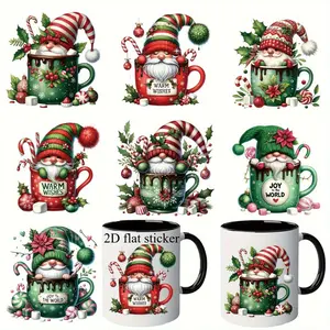 2D Flat, 2D Flat Sticker Car Decal 7pcs Christmas Gnome Tea Cup Stickers- Matte Vinyl Holiday Stickers with JOY to WORLD, Green Hat, Candy Cane- Suitable for Laptops, Cars, Windows, Water Bottles, Skateboards- Christmas Decoration