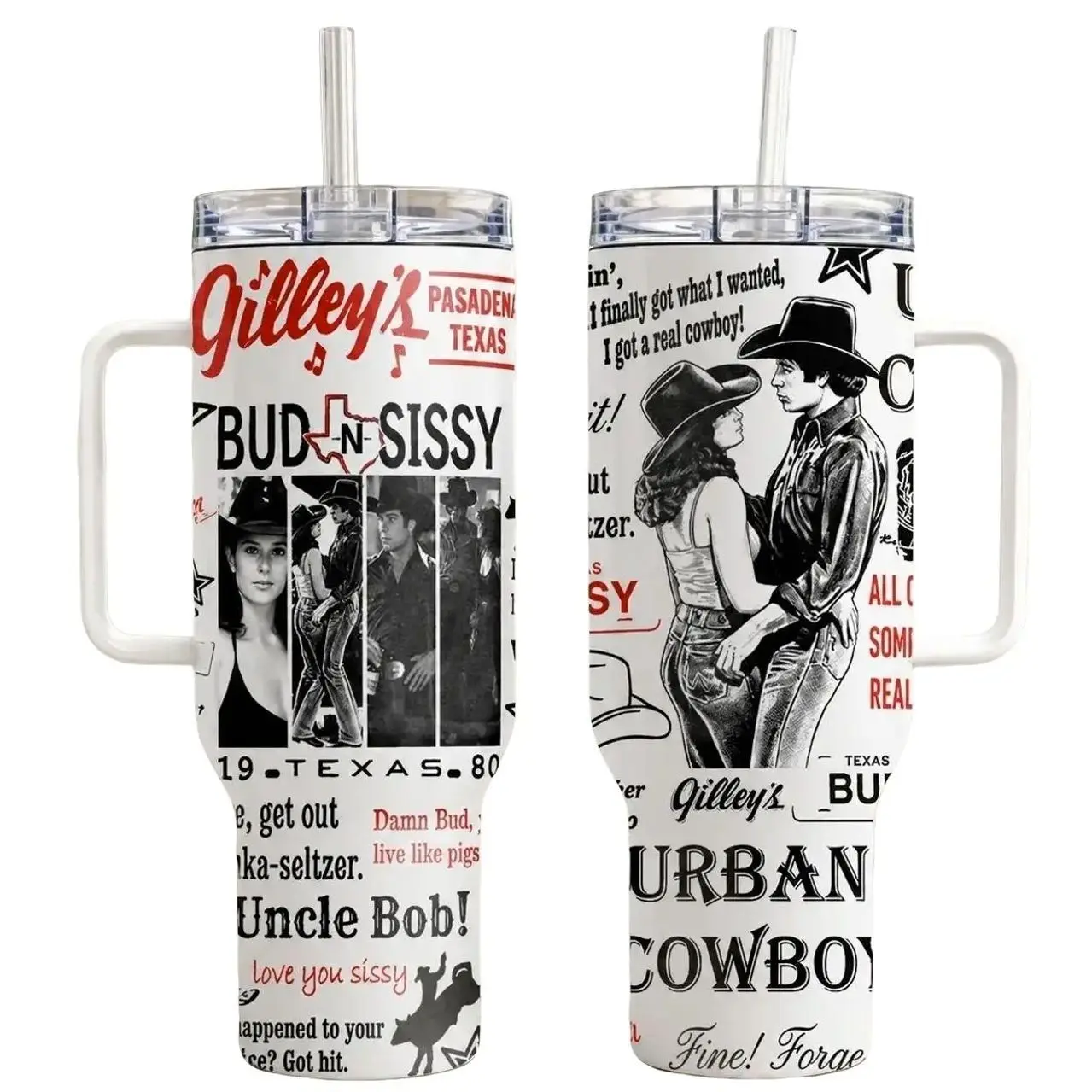 Insulation Stainless Steel Tumbler (30oz/40oz) with Handle & Lid - Full Wrap Printed Urban Cowboy Inspired Drinkware, Bud & Sissy Western Movie Fan Cup, Leakproof Commuting Mug, Coworker Gift Idea