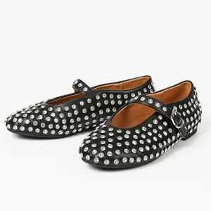 CELNEPHO Womens Mary Jane Flat Round Toe Buckle Strap Rhinestone Ballet Flats Glitter Studded Comfortable Ballerina Dress Shoes