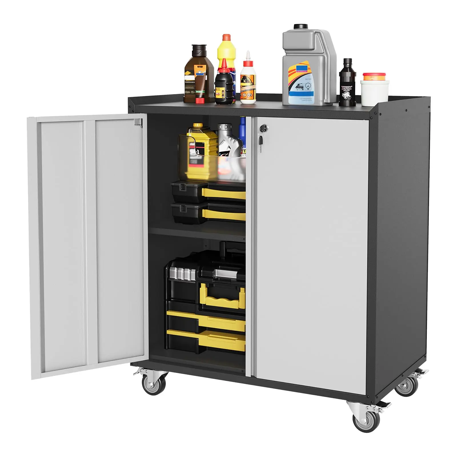 46" Rolling Garage Storage Cabinet with Locking Doors - Heavy-Duty Metal Shelving Unit, Mobile Tool Organizer for Home Office Workshop Organization