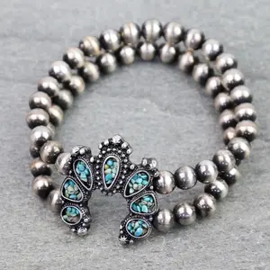 Western Stretch Bracelet with Stone Chips Available and Squash Blossom or Aztec Pattern Featuring Unique Beaded Design