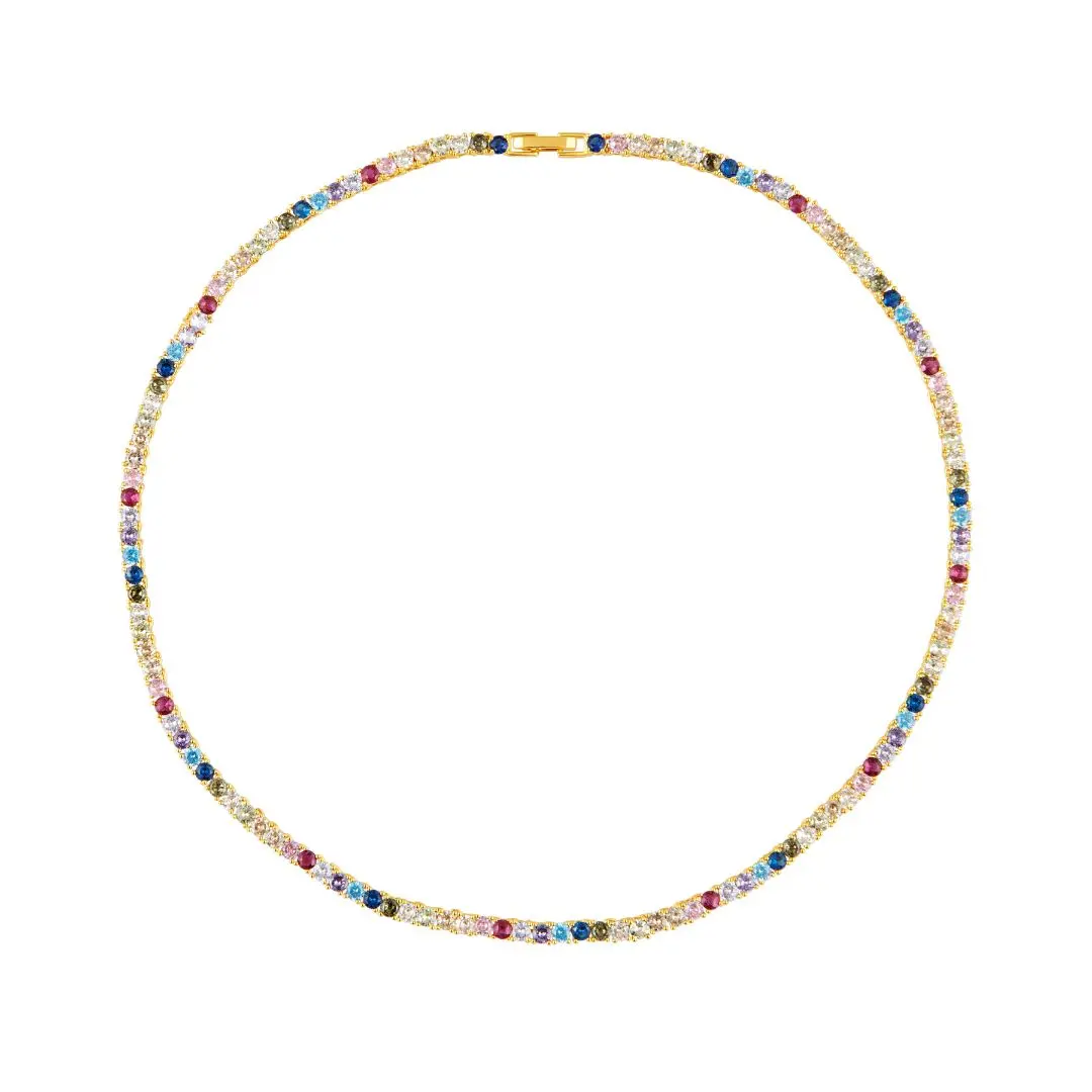 Rainbow Tennis Necklace with Colorful Stones and Gold Accents
