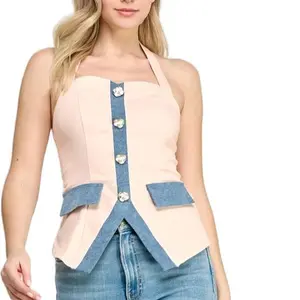 Denim Pink Top with Button Details and Denim Accents for a Stylish Look