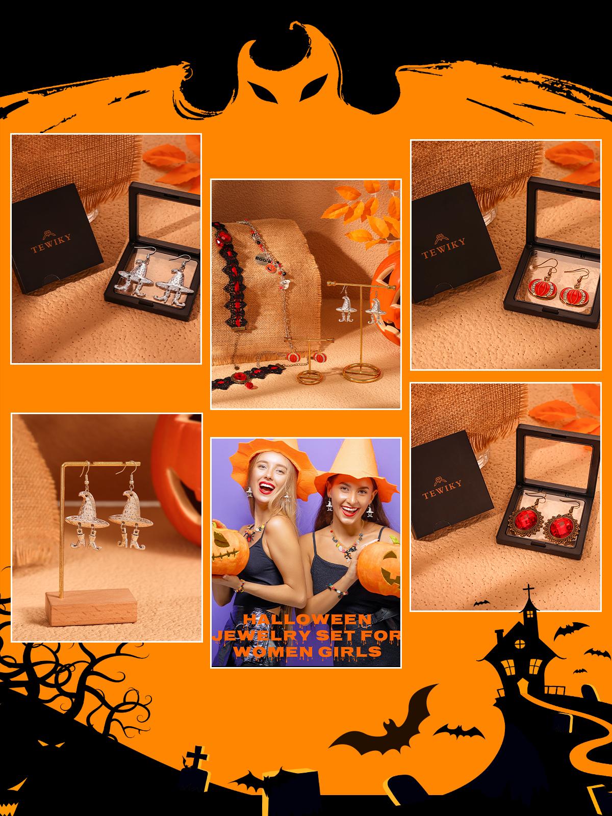 Halloween Ghost Jewelry Set Beaded BOO Pumpkin DIY Pendant Necklace Drop Earrings Gothic Lace Vampire Pendant Chain For Costume Party 16in+2in Extension