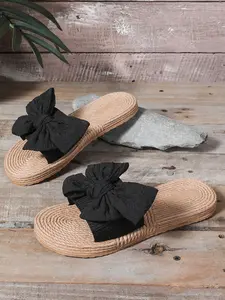Summer Bowknot Sandals, Women's Fashionable Slide Sandals, Casual Comfortable Home Shoes, Outdoor Stylish Cool Slippers, PU Material, PVC Sole, Medium Width, Leopard Pattern