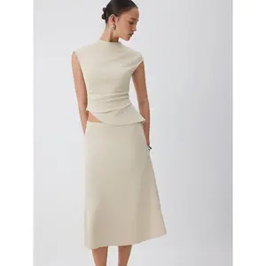Cider Mock Neck Ruched Asymmetrical Hem Top & Mid Rise A-line Midi Skirt Set SwimWeek